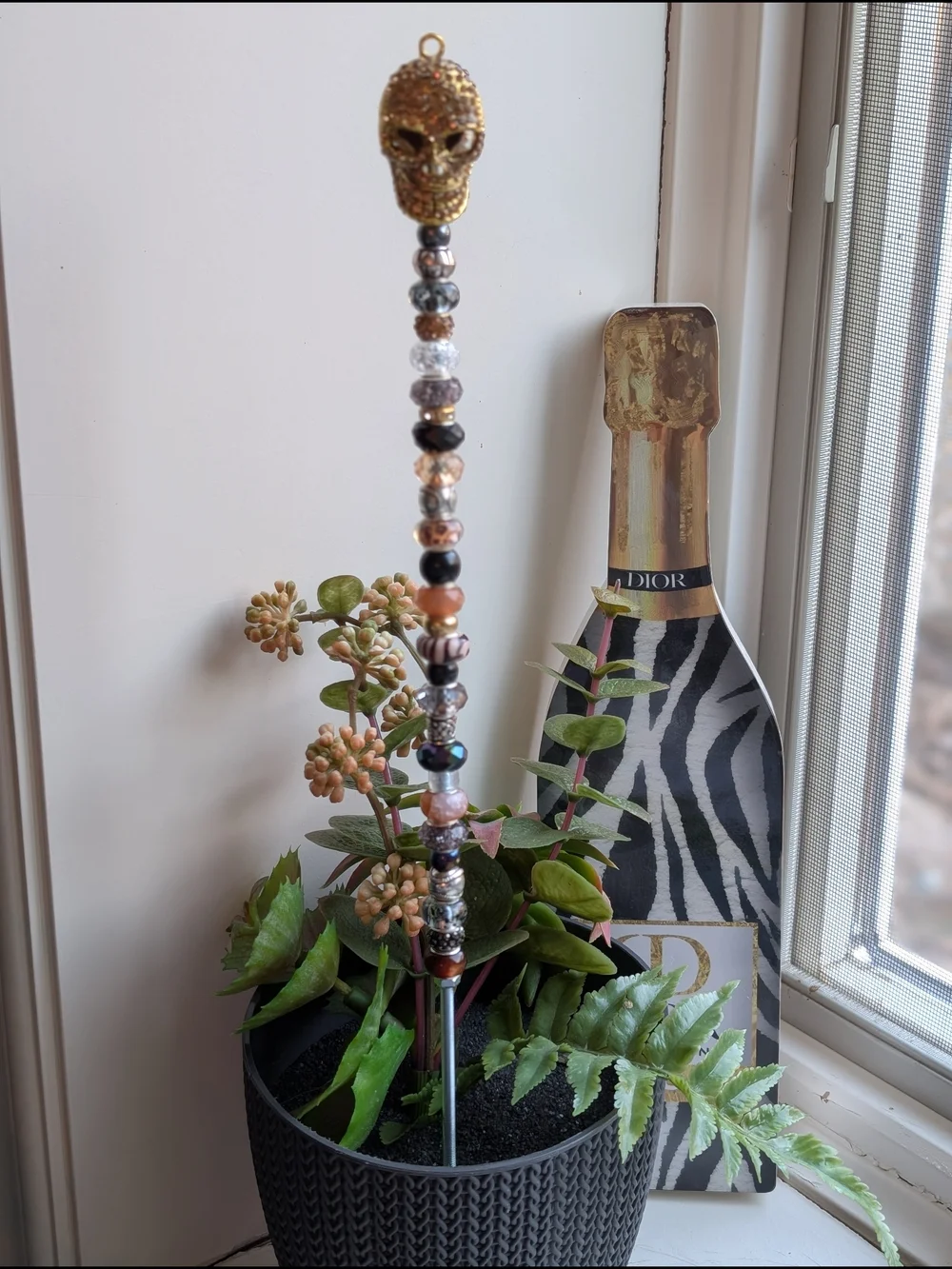 Hand Made Beaded Fairy Wand/Plant/Garden Stake W/Gold Crystal Skull Topper.